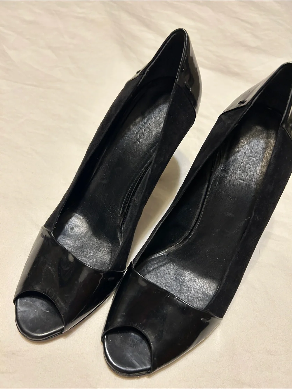 Gucci Black Patent & Suede Peep-Toe Heels